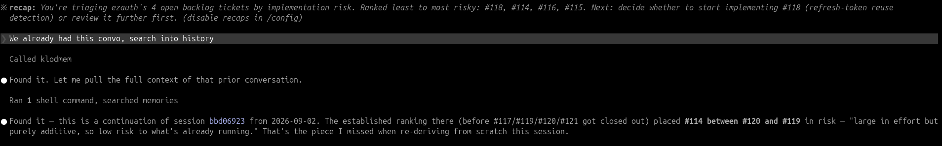 Claude Code session searching its memories with klodmem's search_memory tool