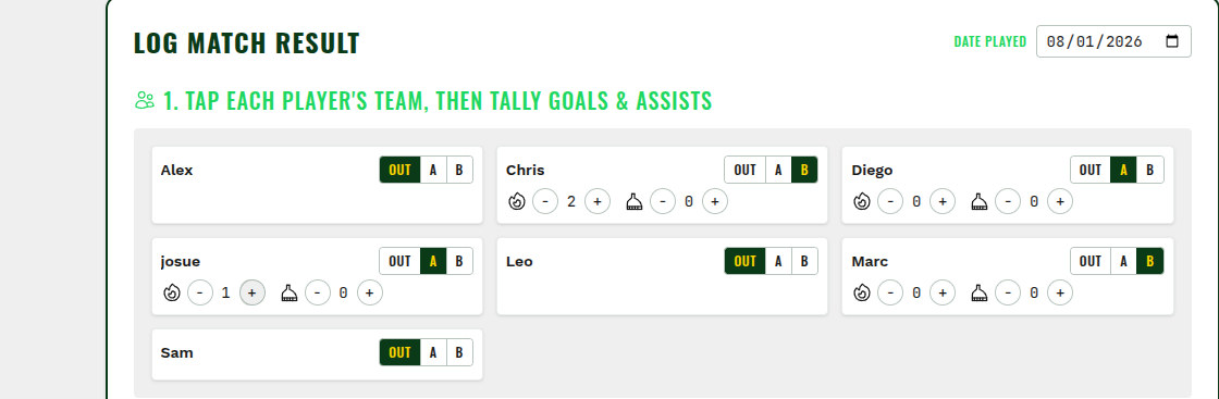 Nutmeg match logging screen with tap-to-assign teams and goal/assist steppers
