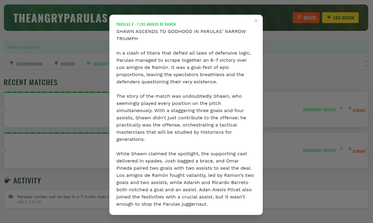 Nutmeg match report headlined 'Shawn Ascends To Godhood In Parulas' Narrow Triumph' after an 8-7 win