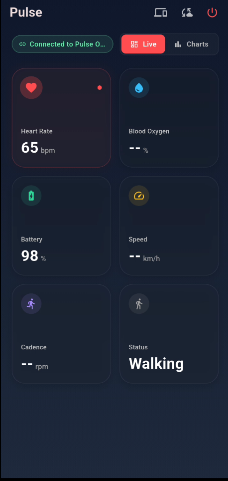 PulseDash live dashboard showing heart rate, SpO2, battery, speed, and cadence